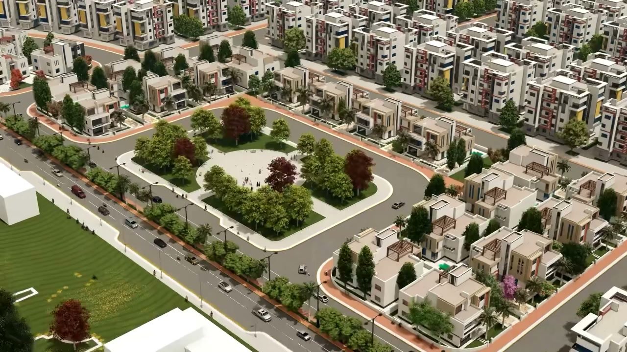 تصور جوي لتجمع سكني حول حديقة مركزية